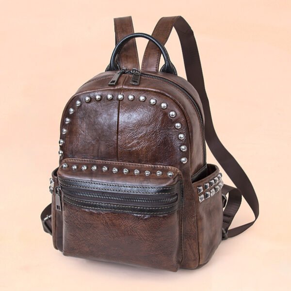 New Retro First Layer Soft Leather Backpack Ladies Handmade Large-capacity Leather Casual Rivet Travel Backpack Tide - Image 4