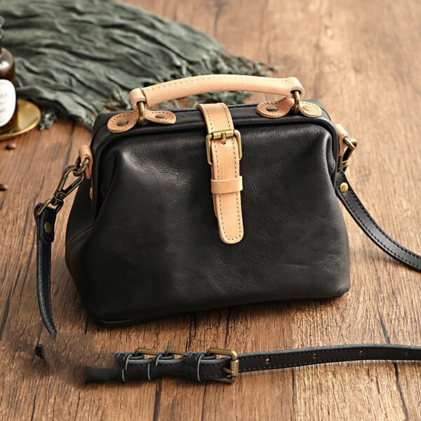 Women's Top Layer Leather Contrast Color Handbag Crossbody Bag - Image 5