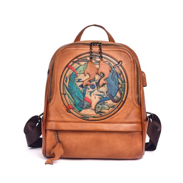 Leather Double Shoulder Vintage Hand Engraved Backpack - Image 5