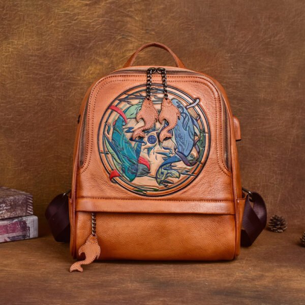 Leather Double Shoulder Vintage Hand Engraved Backpack