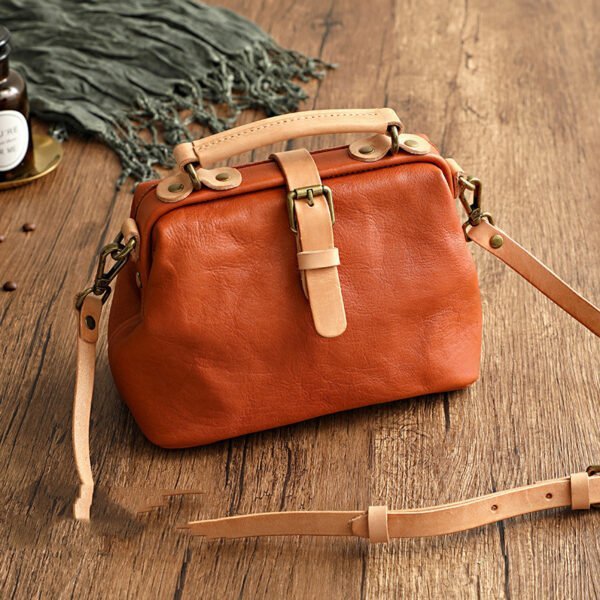 Women's Top Layer Leather Contrast Color Handbag Crossbody Bag - Image 6