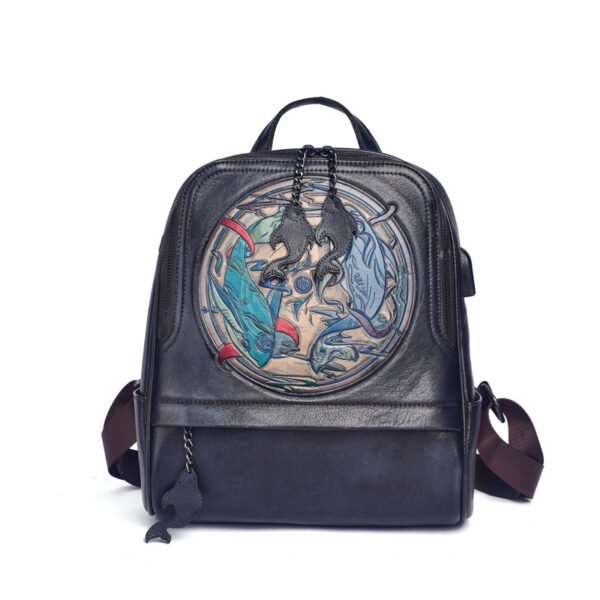 Leather Double Shoulder Vintage Hand Engraved Backpack - Image 2