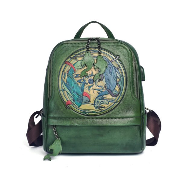 Leather Double Shoulder Vintage Hand Engraved Backpack - Image 3