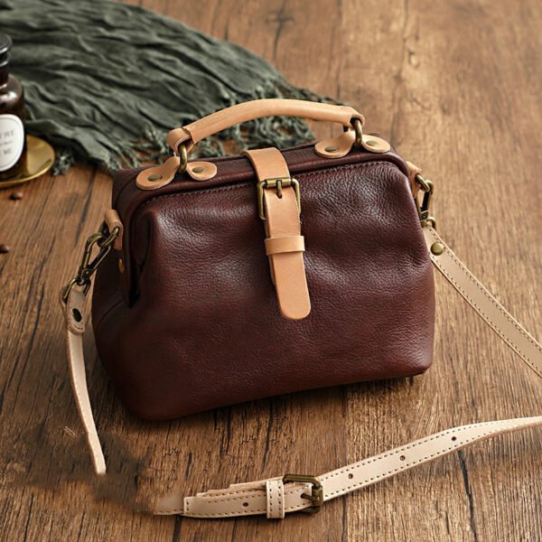 Women's Top Layer Leather Contrast Color Handbag Crossbody Bag - Image 7