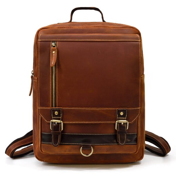 Retro Men's Backpack Leather Student School Bag Crazy Horse Leather Flap Backpack Top Layer Leather Leisure Travel Bag - Image 2