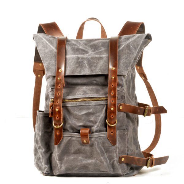 Retro Handmade Waterproof Backpack Wax Wash Canvas Stitching Leather Backpack Outdoor Travel Mountaineering Backpack - Image 3