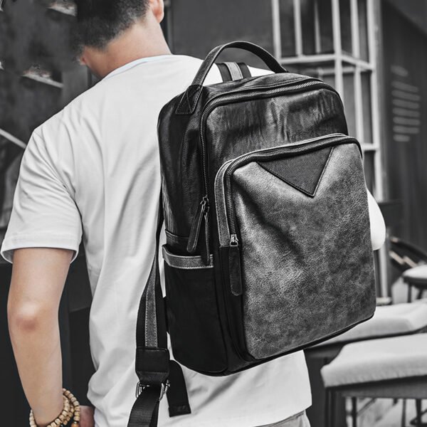 Fashion Waterproof Men Black PU Leather Backpack School Bag - Image 3