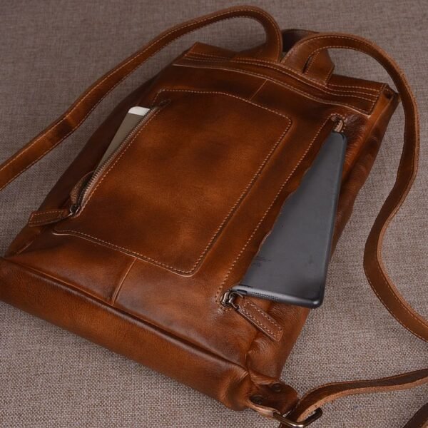 Men's fashion head layer leather, vegetable tanned leather bag, hand polishing color, personalized lady backpack, large capacity computer bag - Image 4