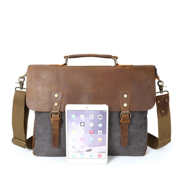 The source document man satchel Canvas Bag Shoulder Handbag retro computer with crazy horse leather bag - Image 3